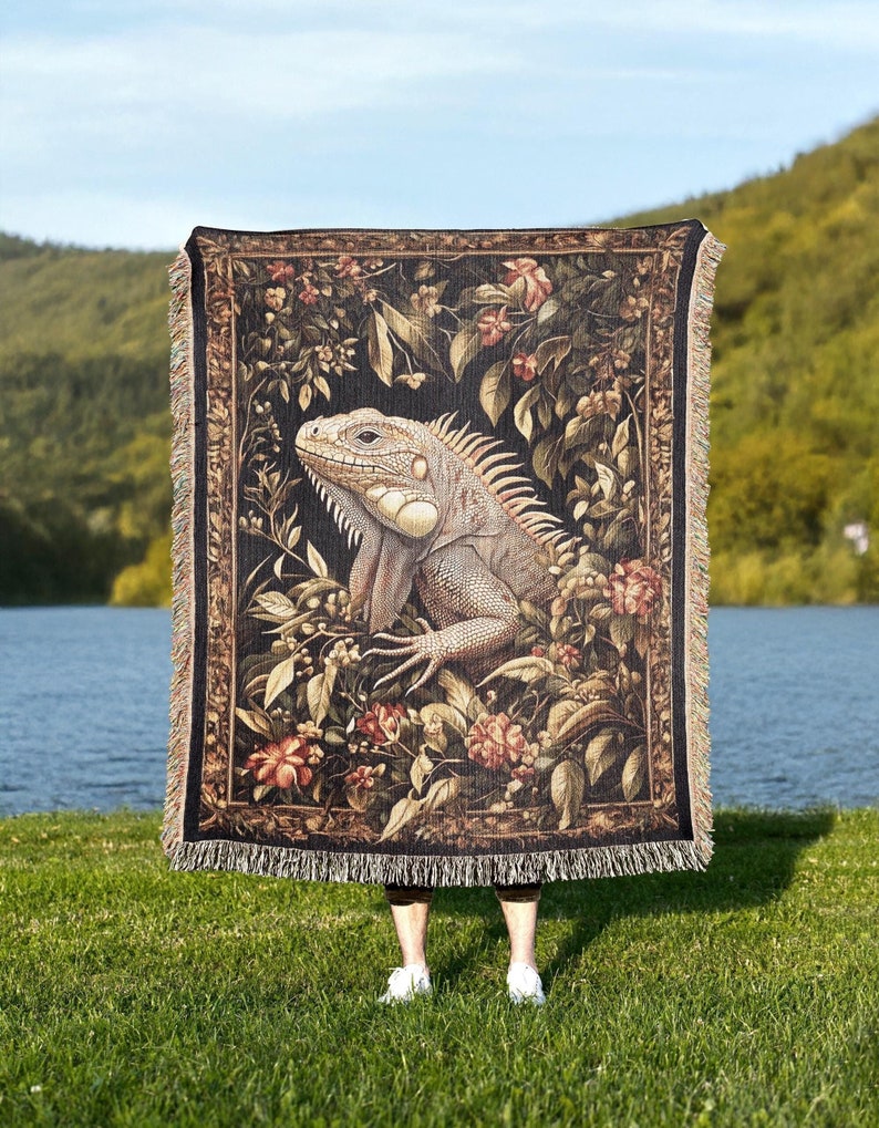 Iguana Woven Tapestry Blanket A Cottagecore Botanical Floral Design